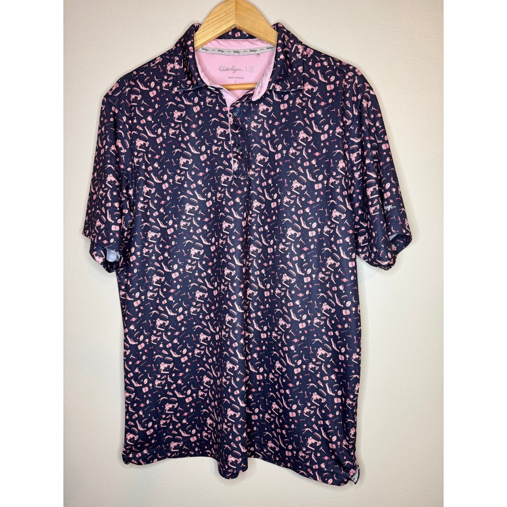 Walter Hagen Mens Golf Polo Shirt Navy Blue Pink Golf Cart Trophy Print Large